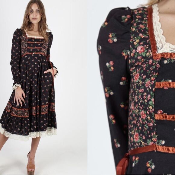 Gunne Sax Calico Dress Renaissance Fair Dress With Pockets Vintage 70s - Picture 3 of 17